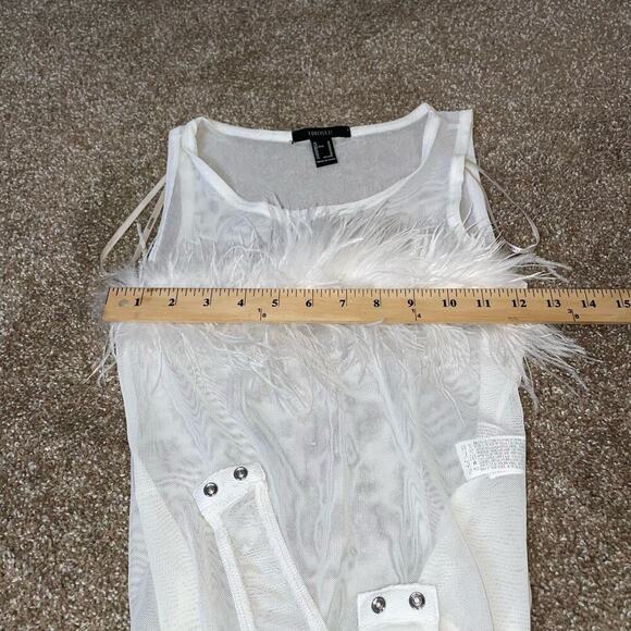 Forever 21 body suit white mesh boa feather top one piece semi sheer SZ M snap - Picture 5 of 8